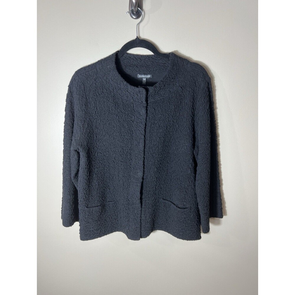 Eileen Fisher Jacket Womens Large Black Crinkled Textured Snap Front Pockets